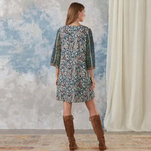 Sundance Sweet Whispers Boho Mini Dress Floral Mixed Print 3/4 Sleeve V-Neck