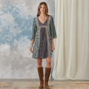 Sundance Sweet Whispers Boho Mini Dress Floral Mixed Print 3/4 Sleeve V-Neck