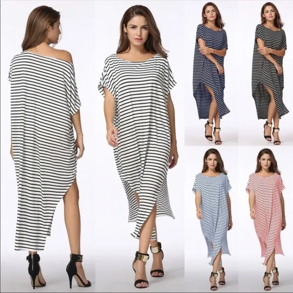 Super Sexy Black&amp;White Striped Slouchy Maxi Dress