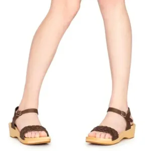Swedish Hasbeens Brown Sandals Tan Wooden Leather Open Toe Clogs Size 40 US 10
