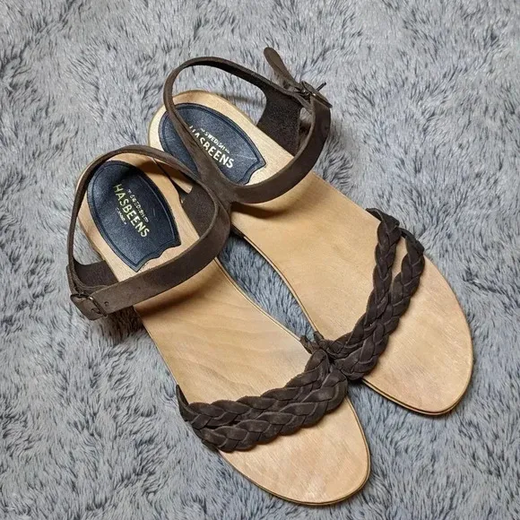 Swedish Hasbeens Brown Sandals Tan Wooden Leather Open Toe Clogs Size 40 US 10