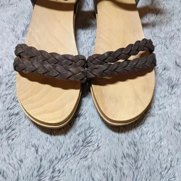 Swedish Hasbeens Brown Sandals Tan Wooden Leather Open Toe Clogs Size 40 US 10