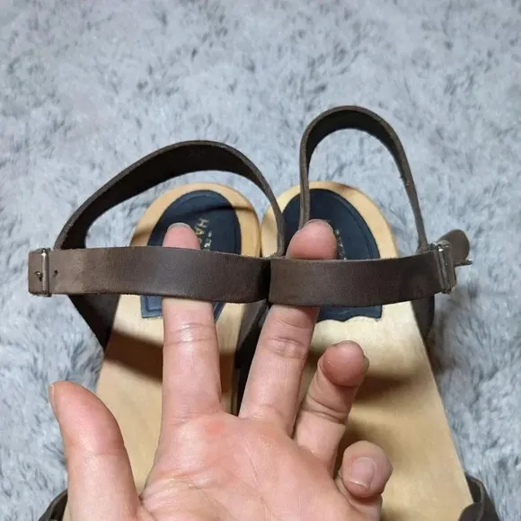 Swedish Hasbeens Brown Sandals Tan Wooden Leather Open Toe Clogs Size 40 US 10
