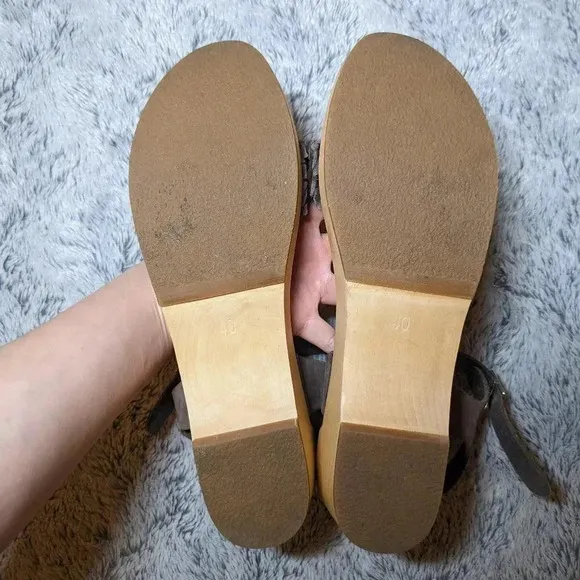 Swedish Hasbeens Brown Sandals Tan Wooden Leather Open Toe Clogs Size 40 US 10