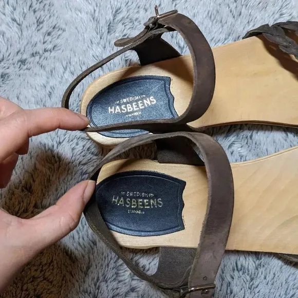 Swedish Hasbeens Brown Sandals Tan Wooden Leather Open Toe Clogs Size 40 US 10