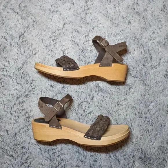 Swedish Hasbeens Brown Sandals Tan Wooden Leather Open Toe Clogs Size 40 US 10