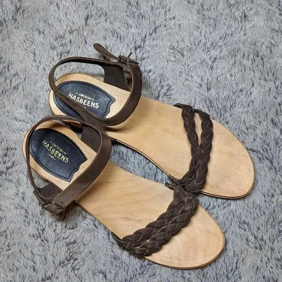 Swedish Hasbeens Brown Sandals Tan Wooden Leather Open Toe Clogs Size 40 US 10