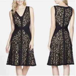 Tadashi Shoji Black Nude Lace Overlay Jersey Fit &amp; Flare Pintuck Dress Size 4