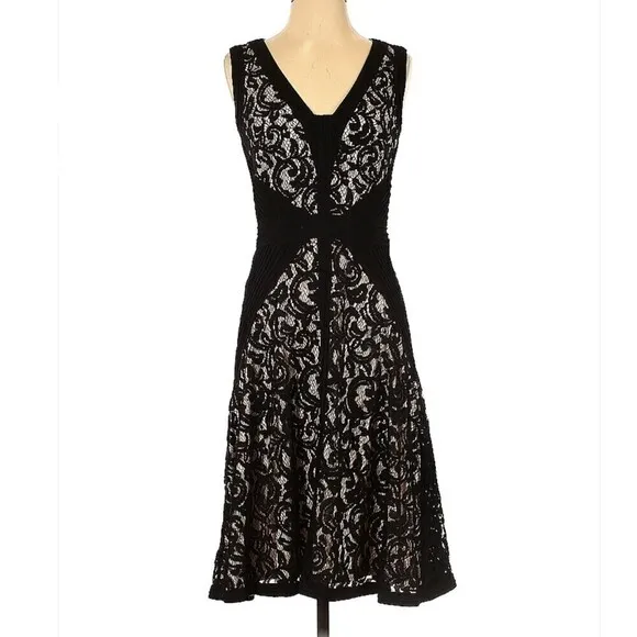 Tadashi Shoji Black Nude Lace Overlay Jersey Fit &amp; Flare Pintuck Dress Size 4