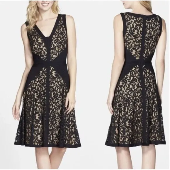 Tadashi Shoji Black Nude Lace Overlay Jersey Fit &amp; Flare Pintuck Dress Size 4