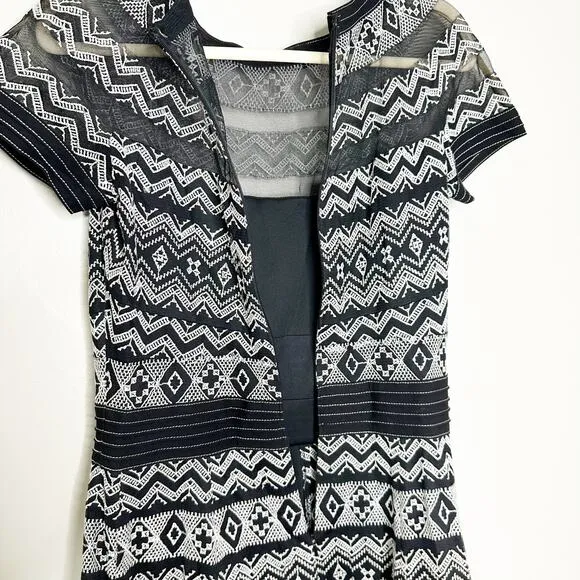 Tadashi Shoji Womens Dress Short Sleeve Embroidered Geometric Black Whi Size 8