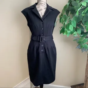Talbots Belted Button Down Cap Sleeve Dress Black Sz P8