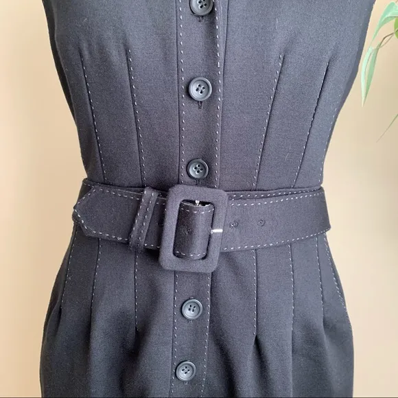 Talbots Belted Button Down Cap Sleeve Dress Black Sz P8