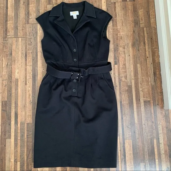 Talbots Belted Button Down Cap Sleeve Dress Black Sz P8