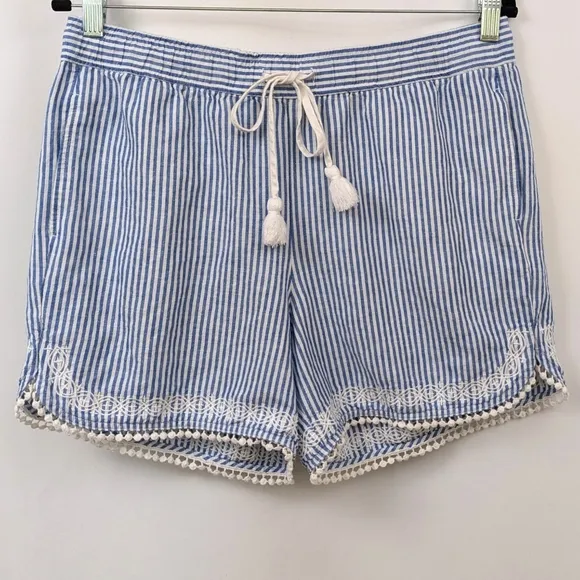 Talbots Striped Linen Embroidered Shorts Drawstring Waist Beachy Coquette MP