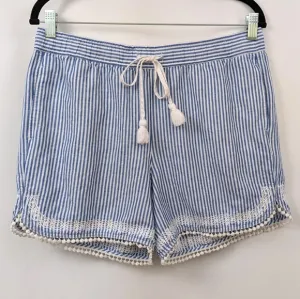 Talbots Striped Linen Embroidered Shorts Drawstring Waist Beachy Coquette MP