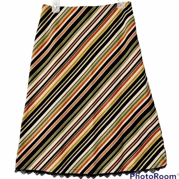 TASHA POLIZZI Bias Stripe Cotton Skirt with Crochet Lace Trim Size Small