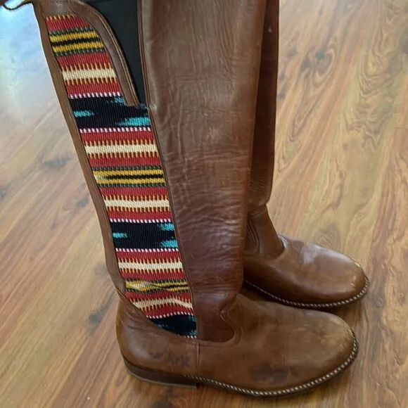 Teysha artisan rugged tan leather boots with embroidered fabric southwestern sty