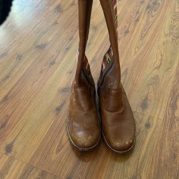 Teysha artisan rugged tan leather boots with embroidered fabric southwestern sty