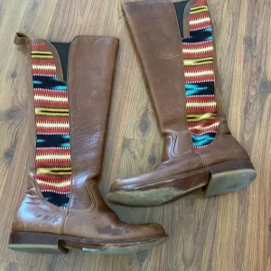 Teysha artisan rugged tan leather boots with embroidered fabric southwestern sty