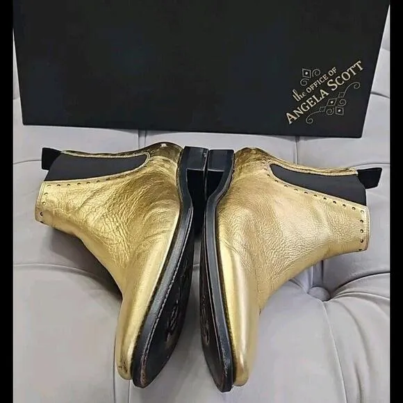 The Office Of Angela Scott Gold Leather Pull On Boots Flat Womens Shoes 37.5 7.5