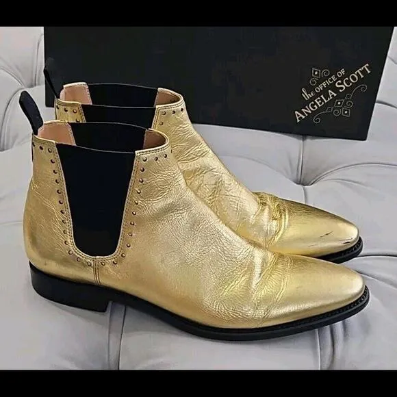 The Office Of Angela Scott Gold Leather Pull On Boots Flat Womens Shoes 37.5 7.5