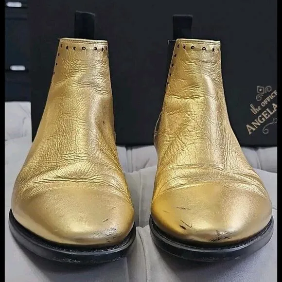 The Office Of Angela Scott Gold Leather Pull On Boots Flat Womens Shoes 37.5 7.5