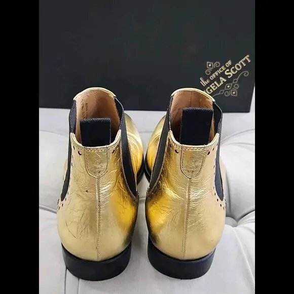 The Office Of Angela Scott Gold Leather Pull On Boots Flat Womens Shoes 37.5 7.5
