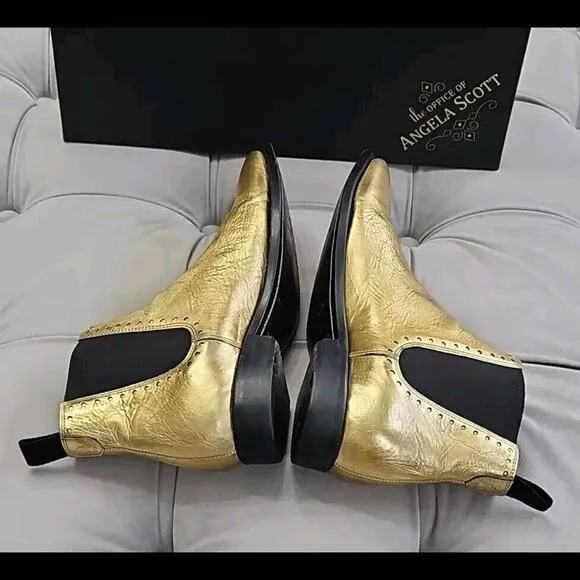 The Office Of Angela Scott Gold Leather Pull On Boots Flat Womens Shoes 37.5 7.5