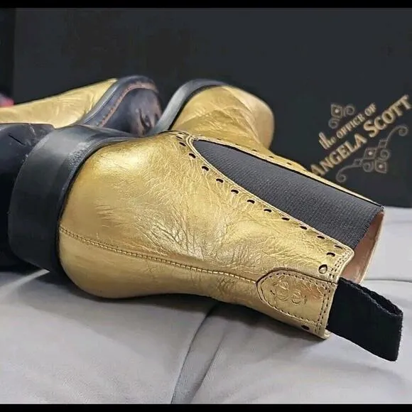 The Office Of Angela Scott Gold Leather Pull On Boots Flat Womens Shoes 37.5 7.5