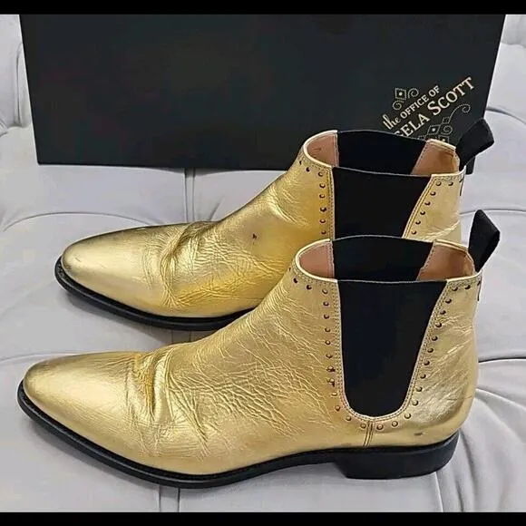 The Office Of Angela Scott Gold Leather Pull On Boots Flat Womens Shoes 37.5 7.5