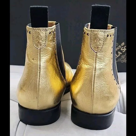 The Office Of Angela Scott Gold Leather Pull On Boots Flat Womens Shoes 37.5 7.5