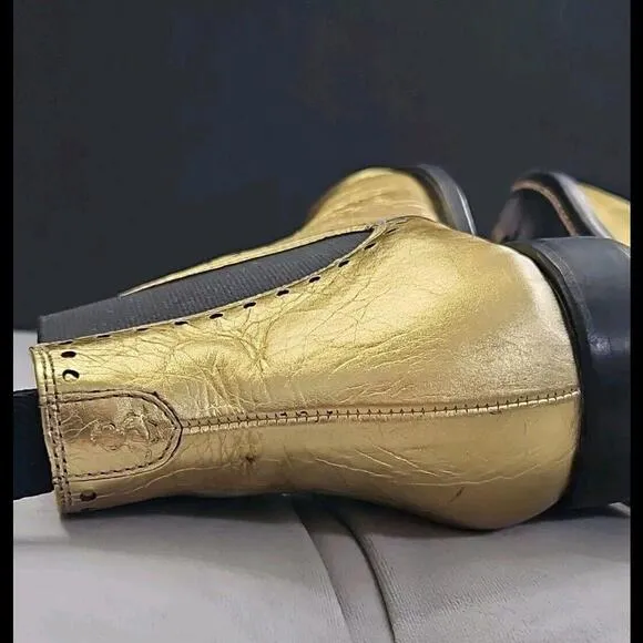 The Office Of Angela Scott Gold Leather Pull On Boots Flat Womens Shoes 37.5 7.5
