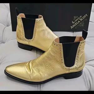 The Office Of Angela Scott Gold Leather Pull On Boots Flat Womens Shoes 37.5 7.5