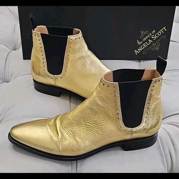 The Office Of Angela Scott Gold Leather Pull On Boots Flat Womens Shoes 37.5 7.5