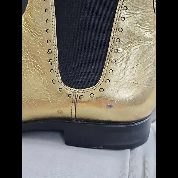 The Office Of Angela Scott Gold Leather Pull On Boots Flat Womens Shoes 37.5 7.5