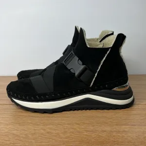 THE SHOE BOX Women's Genuine Suede and Shearling Lined Black Ankle Strap Shoes