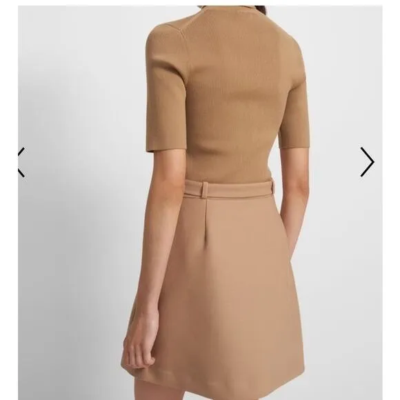 Theory Preppy Academia Tan Combo Dress in Bistretch Wool Twill Size Large