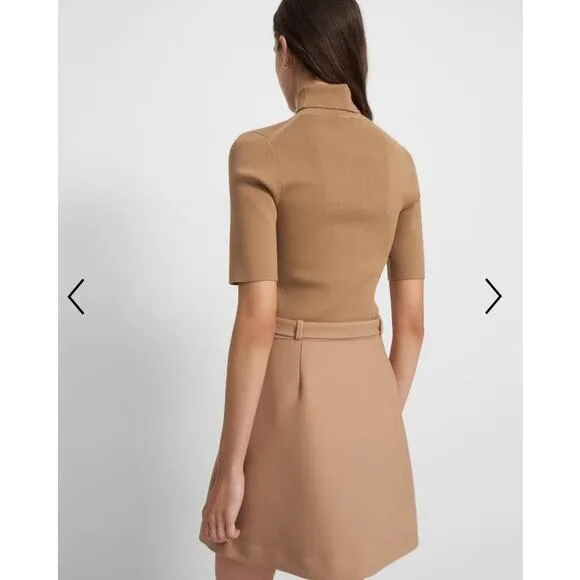 Theory Preppy Academia Tan Combo Dress in Bistretch Wool Twill Size Large