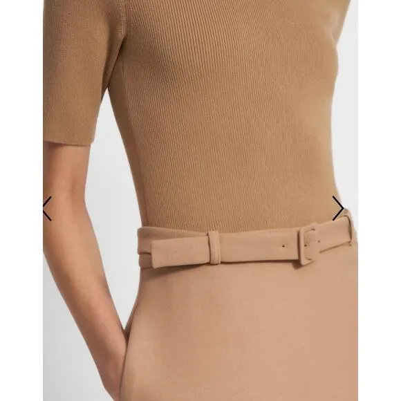 Theory Preppy Academia Tan Combo Dress in Bistretch Wool Twill Size Large