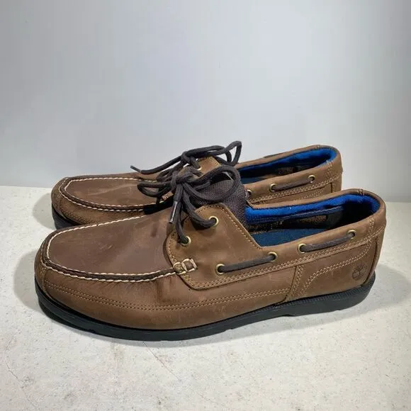 Timberland Mens Size 13 Two-Eye Brown Leather Deck Shoes Lace Around