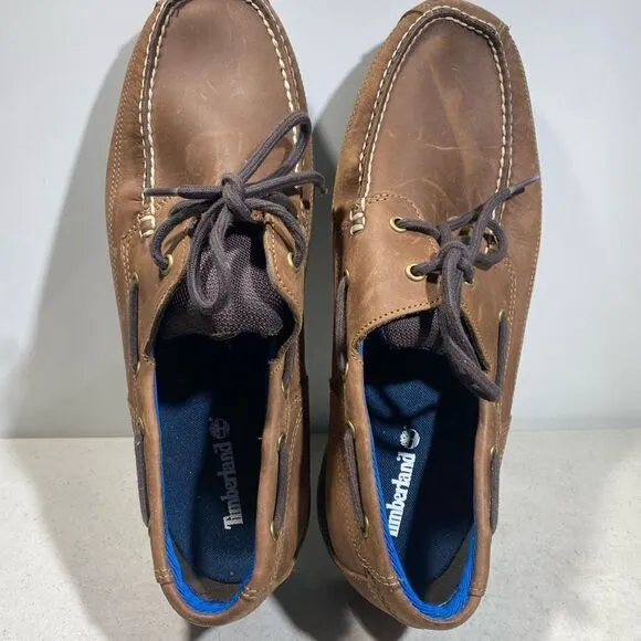 Timberland Mens Size 13 Two-Eye Brown Leather Deck Shoes Lace Around