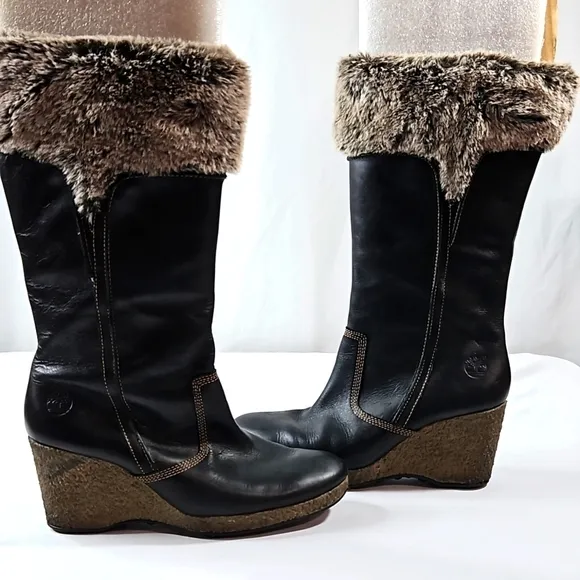 Timberland Monogram Tall Black Leather Womens Faux Fur Boots Size 9