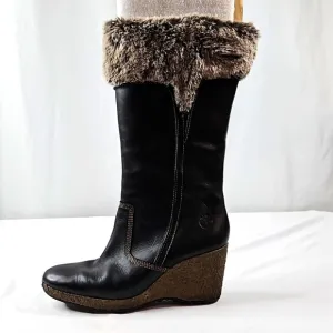 Timberland Monogram Tall Black Leather Womens Faux Fur Boots Size 9