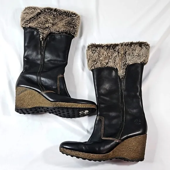 Timberland Monogram Tall Black Leather Womens Faux Fur Boots Size 9