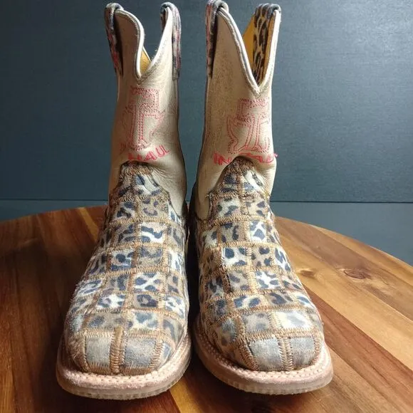 Tin Haul Wild Patch Little Girls Boots Sz 2 Cheetah Sole Leather Growth Spurt‎
