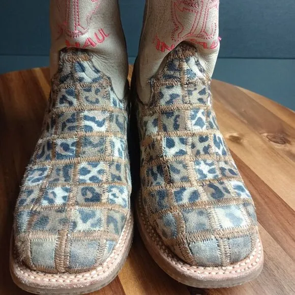 Tin Haul Wild Patch Little Girls Boots Sz 2 Cheetah Sole Leather Growth Spurt‎