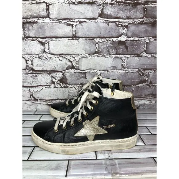 Tiurai Logo Black Leather High Top Lace Up Sneakers Shoes Women’s Sz 36EU/6M US