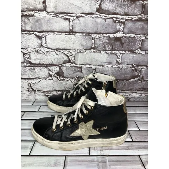 Tiurai Logo Black Leather High Top Lace Up Sneakers Shoes Women’s Sz 36EU/6M US