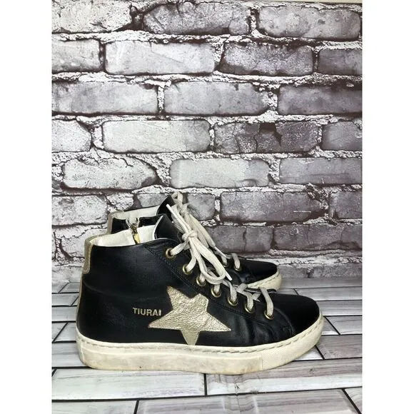 Tiurai Logo Black Leather High Top Lace Up Sneakers Shoes Women’s Sz 36EU/6M US